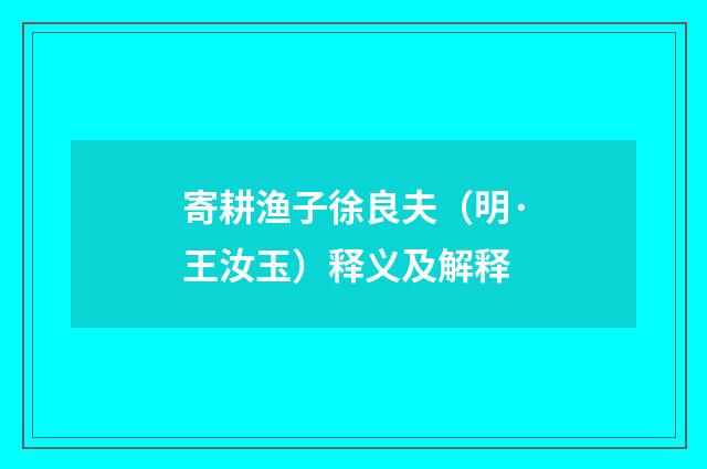 寄耕渔子徐良夫（明·王汝玉）释义及解释